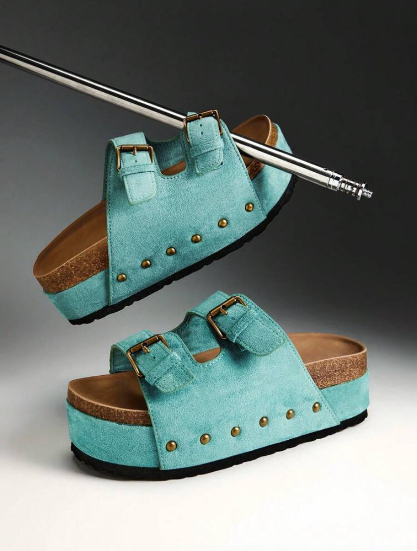 Double Buckle Platform Sliders